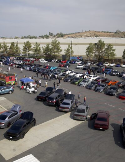 Aerial view of aFe Power's August Cars and Coffee event in Corona, California
