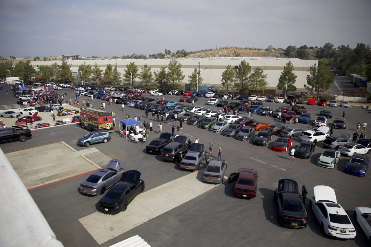 Aerial view of aFe Power's August Cars and Coffee event in Corona, California