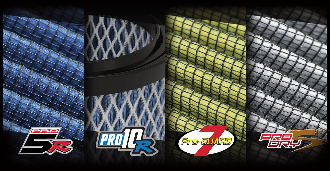 Four different aFe engine air filter medias: blue, blue with expanded metal, gold, and grey