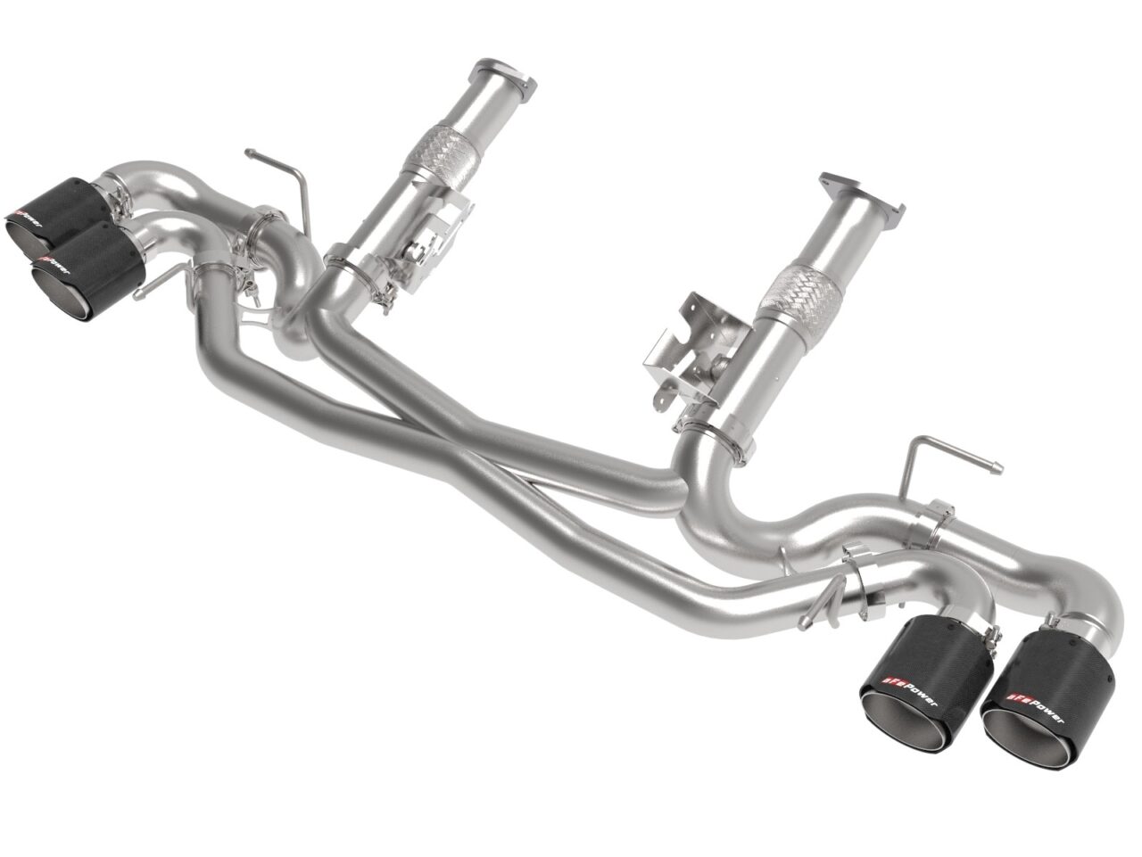 aFe POWER stainless steel exhaust system without muffler and with Carbon Fiber tips for 21-22 C8 Corvette on white background