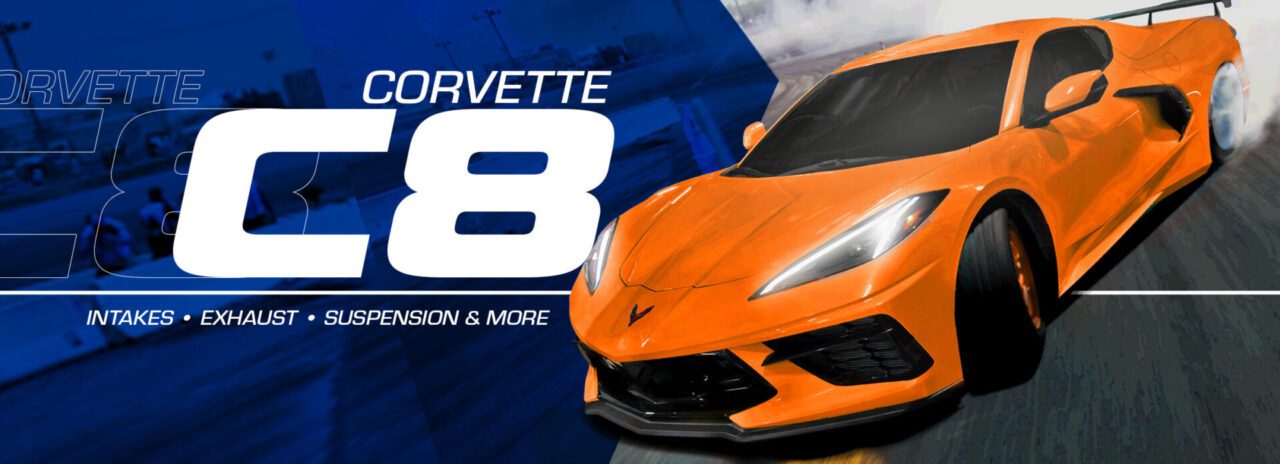 Bright Orange C8 Chevy Corvette on Blue Background advertising aFe POWER aftermarket performance parts Intakes, Exhaust, Suspension and More