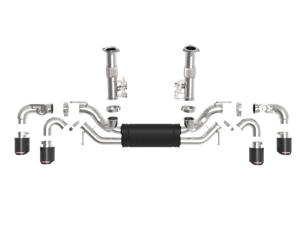 Exploded view with all parts of aFe POWER stainless steel exhaust system for 20-22 C8 Exhaust on white background