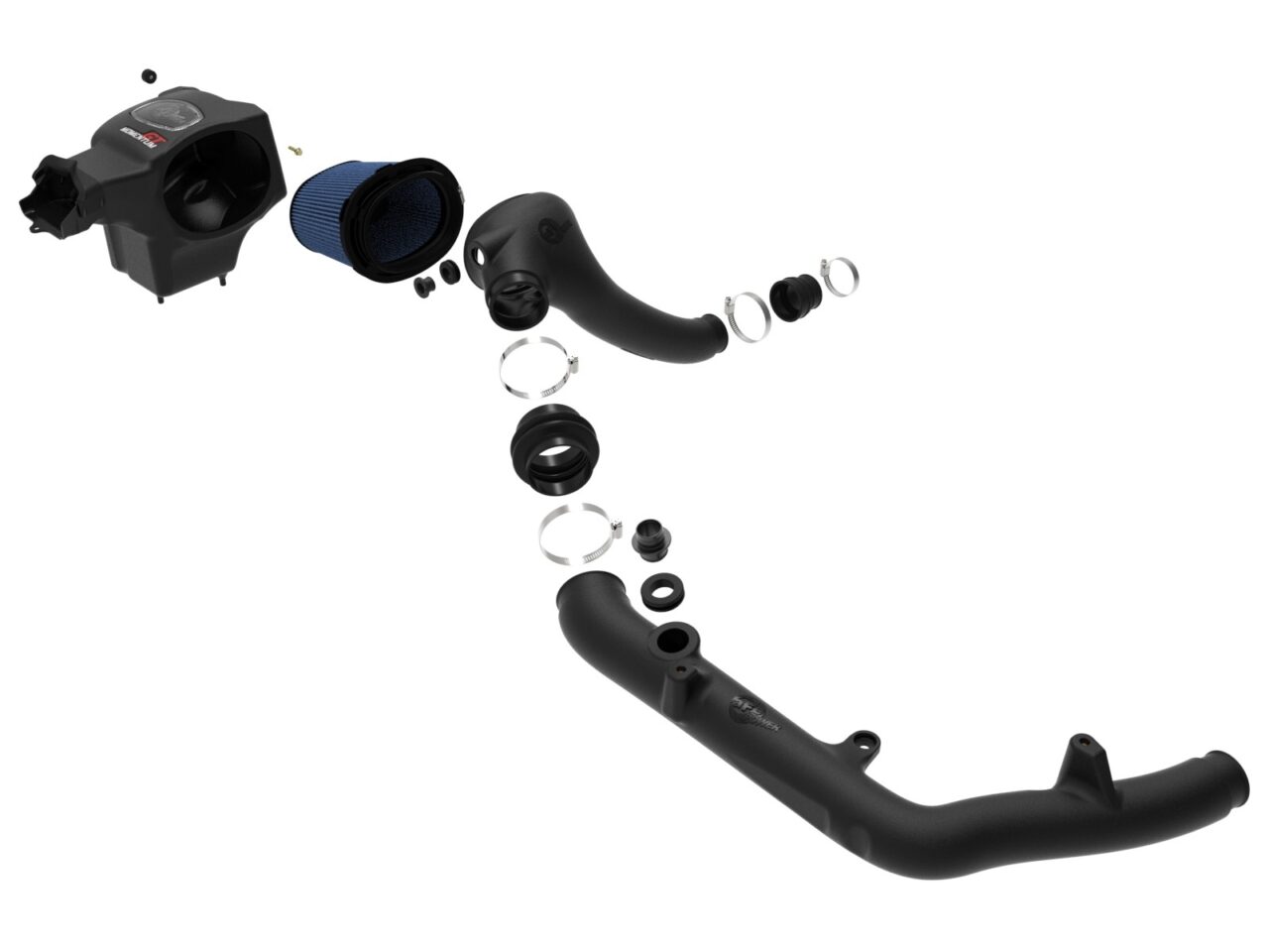 Exploded view of all pieces for aFe Bronco V6 intake system including blue oiled air filter, silicone couplings, hardware, and black tube and housing on white background