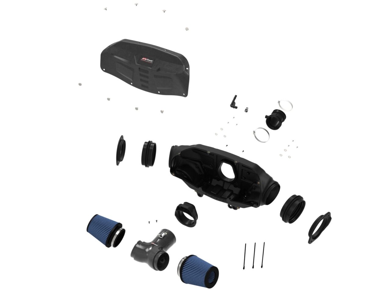 Exploded view showing all parts of aFe POWER intake system for Corvette C8 on white background