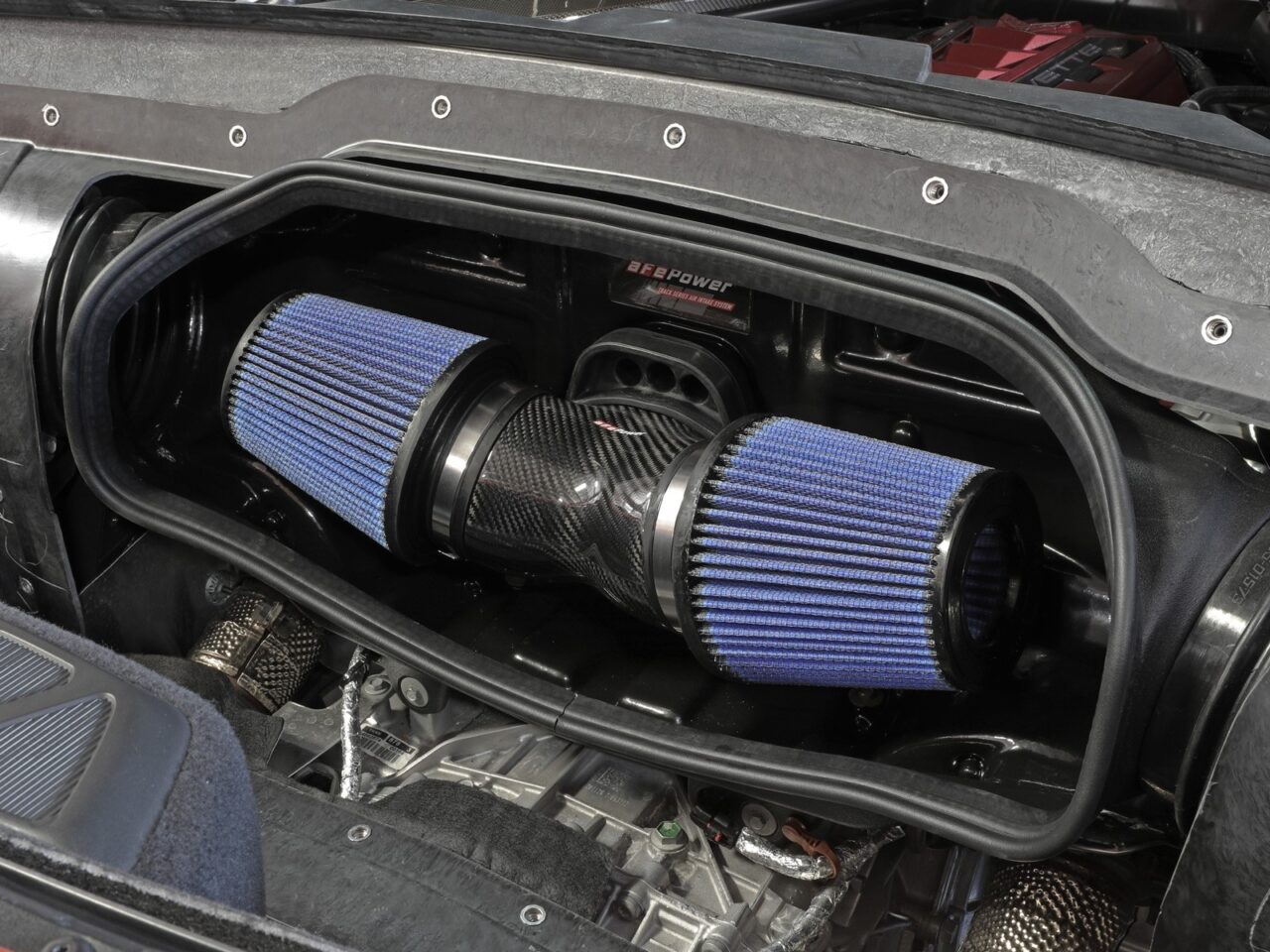 aFePOWER open element intake system with two a.F.E. blue Pro 5R air filters installed in 2021 Chevy Corvette C8