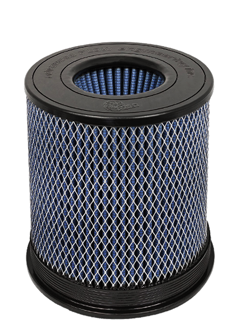 aFe blue oiled Pro 10R air filter with expanded metal on white background