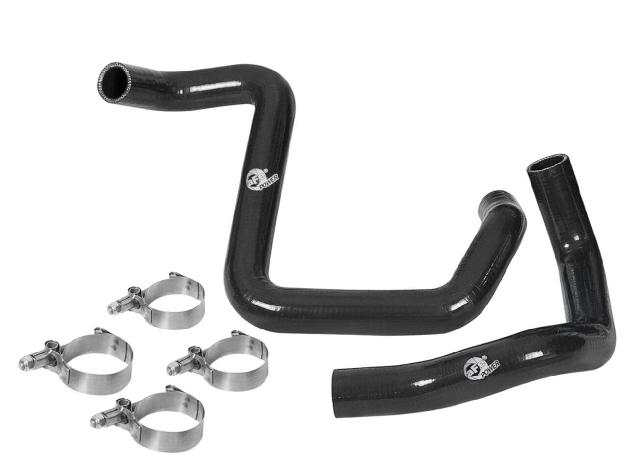Aftermarket radiator hose set with 2 black silicone radiator hoses and 4 metal clamps on white background