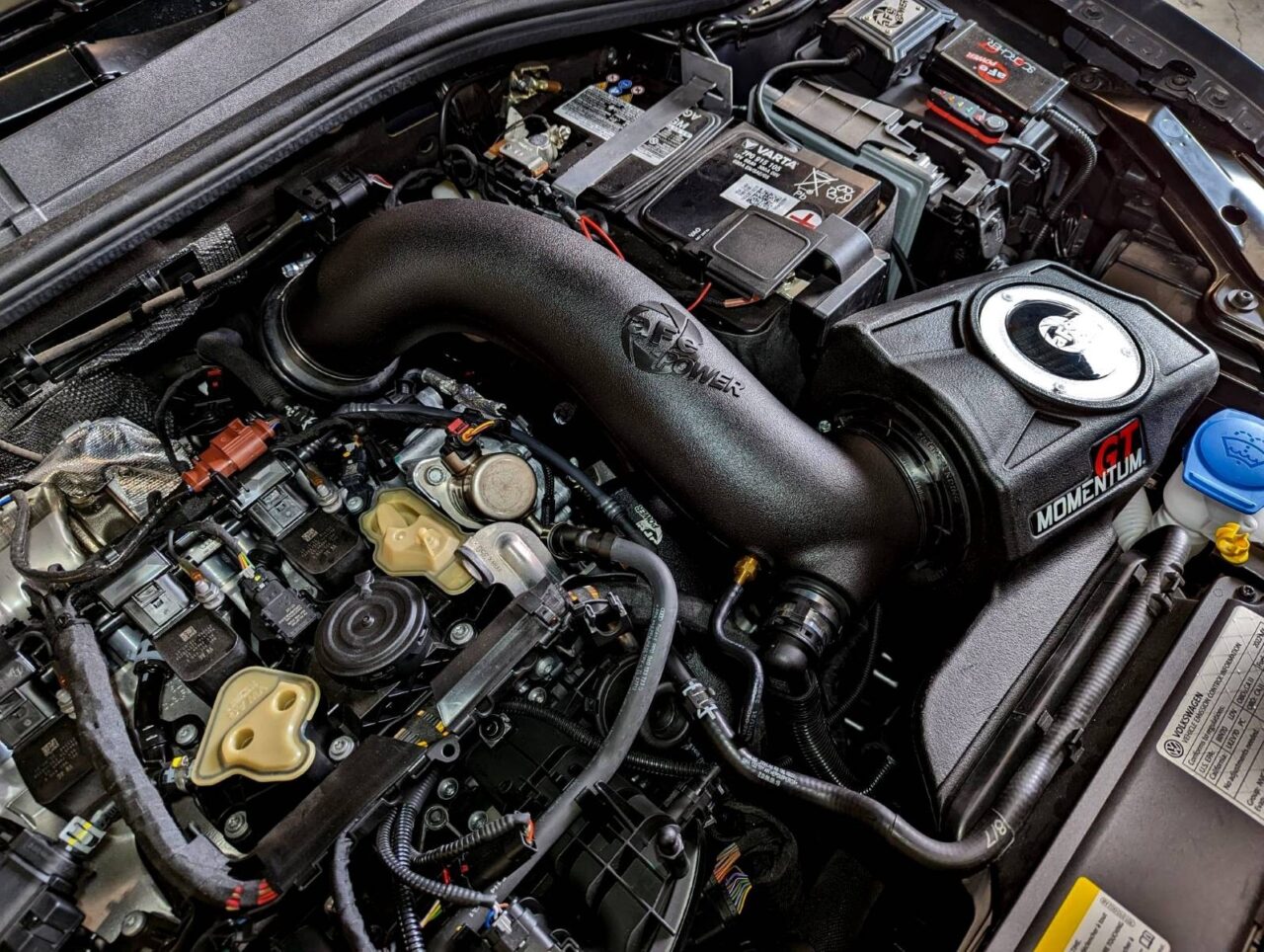 aFe POWER Aftermarket cold air intake system installed under the hood of 2022-2023 VW GTI MKV Turbo