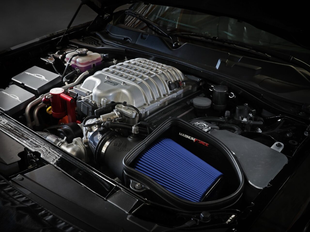 Under the hood of 2022 Dodge Challenger Hellcat with aftermarket aFe POWER intake installed