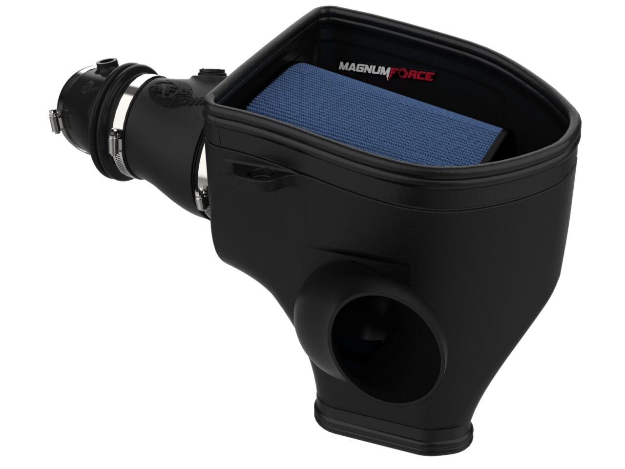 Black aFe POWER Aftermarket cold air intake with blue oiled filter for Hellcat engine on white background