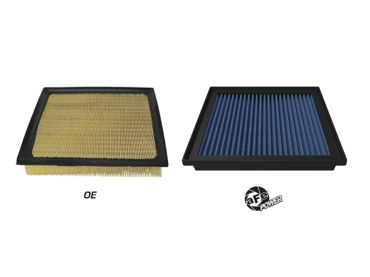 Yellow paper stock filter versus blue oiled aftermarket air filter on white background