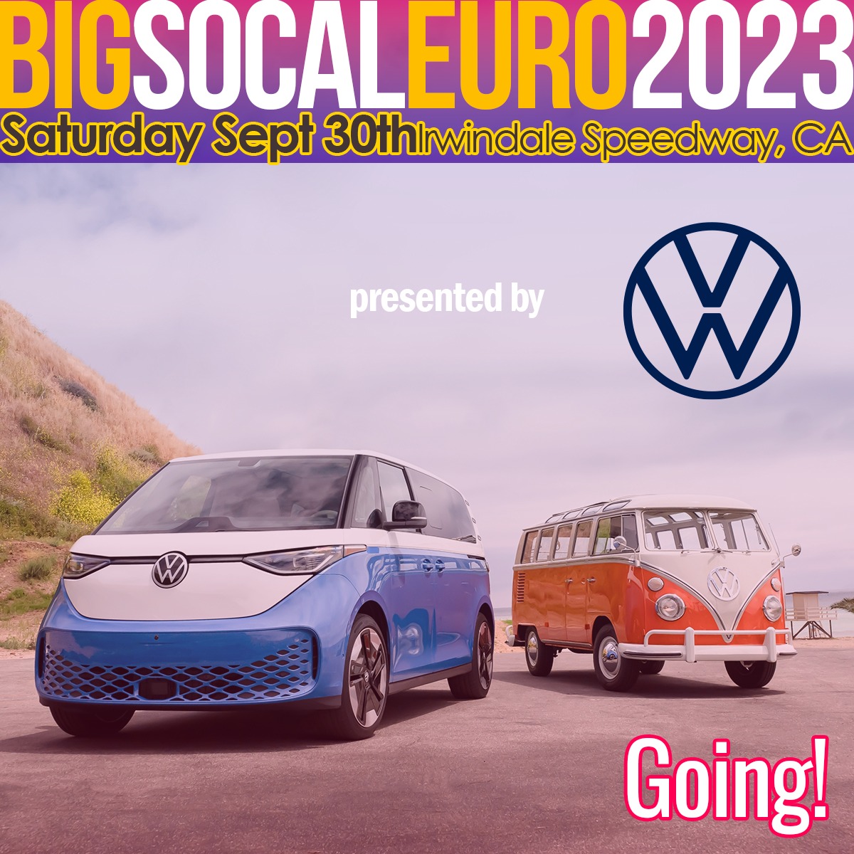 Modern and classic VW bus for promotion of Big Socal Euro event Irwindale 2023