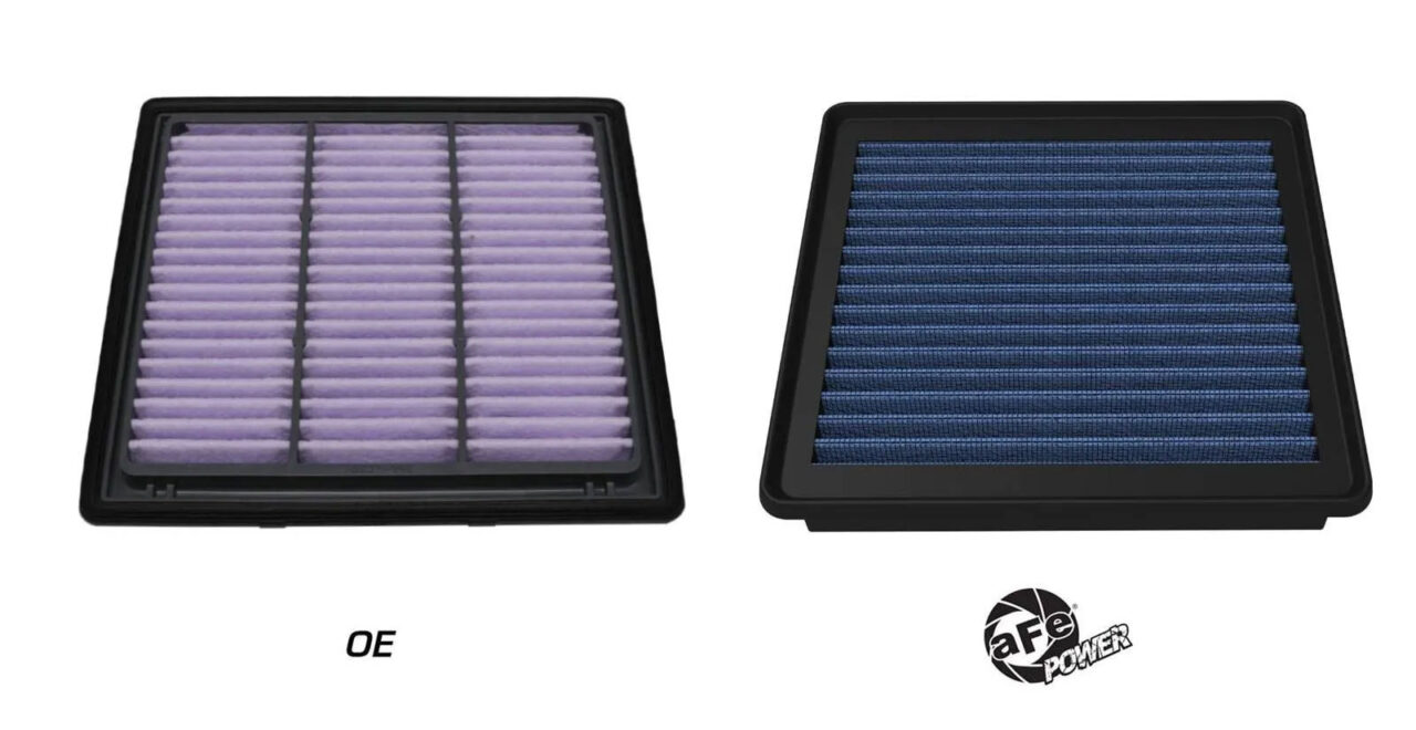 Blue oiled aftermarket high-quality aFe POWER Air Filter on right and stock OE engine paper filter on left comparison on white background
