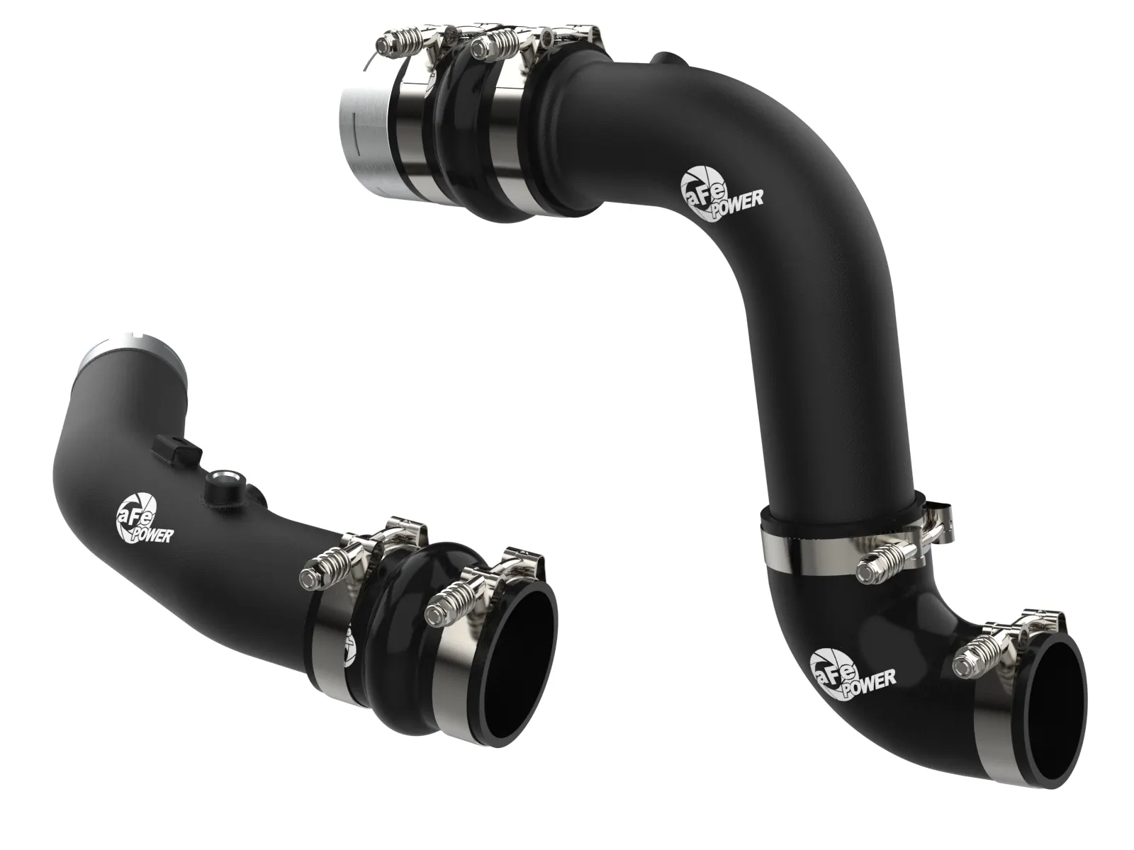 Black aftermarket performance aFe charge pipes for 6.7L Powerstroke on white background