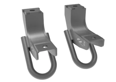 Pair of gray AFE tow hooks on white background