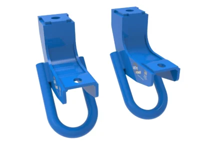 Pair of blue AFE tow hooks on white background