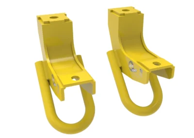 Pair of yellow AFE tow hooks on a white background