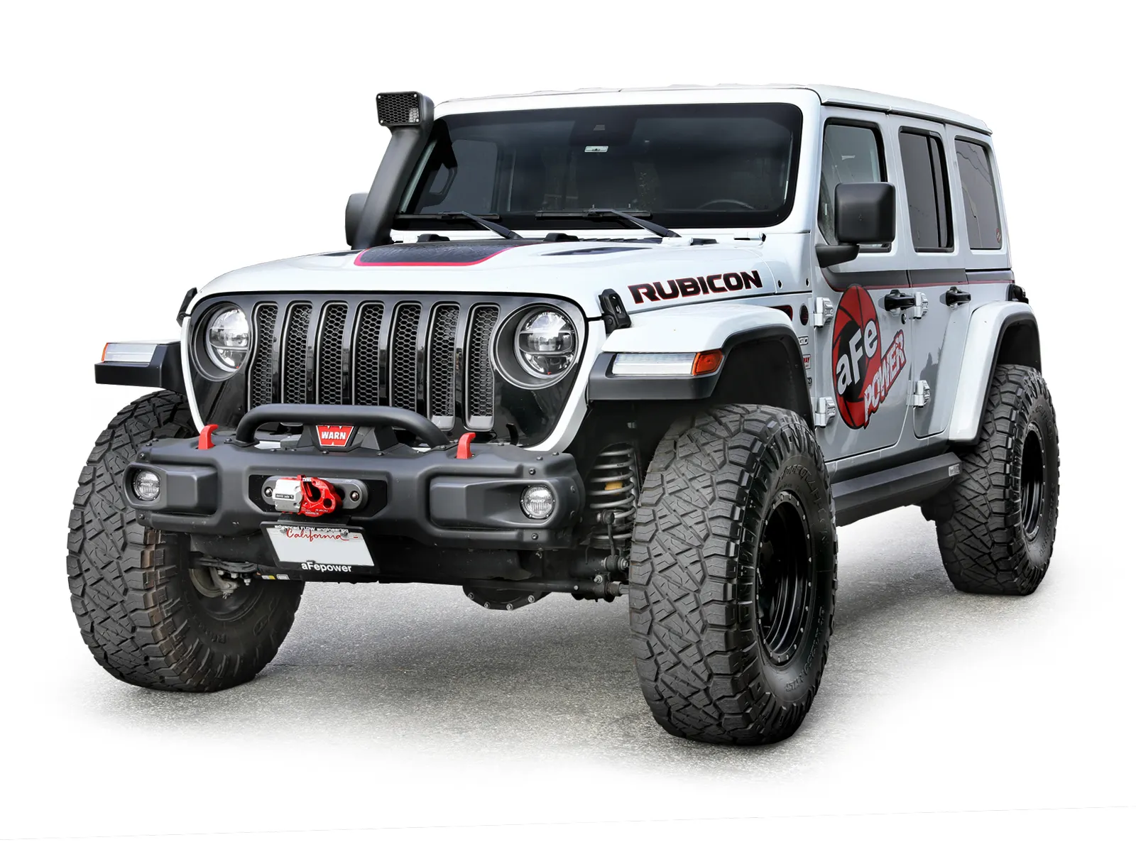 White Jeep Wrangler JL with bigger wheels and black aftermarket AFE snorkel on white background