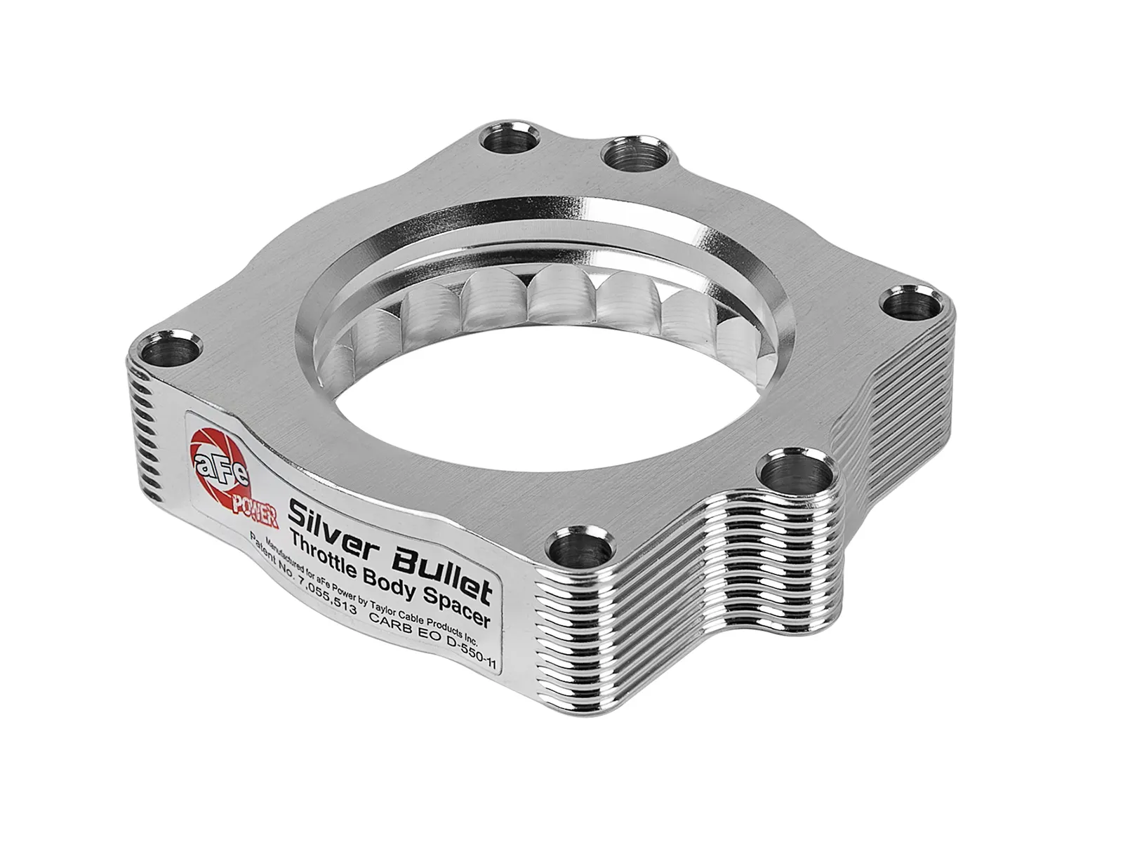 aFe billet aluminum throttle body spacer for 5.7 liter HEMI MOPAR vehicles on white background