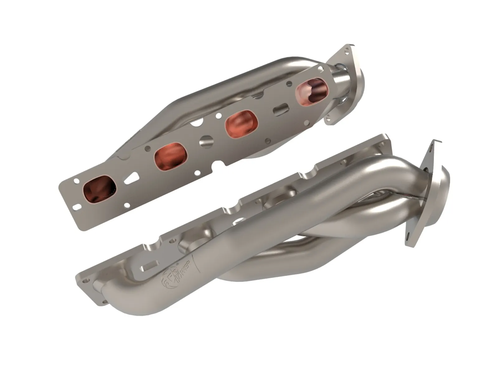 aFe Short tube exhaust headers with Titanium Cerakote Ceramic coating inside and outside, with orange on inside of tube, for Dodge Durango V8 5.7 HEMI on white background