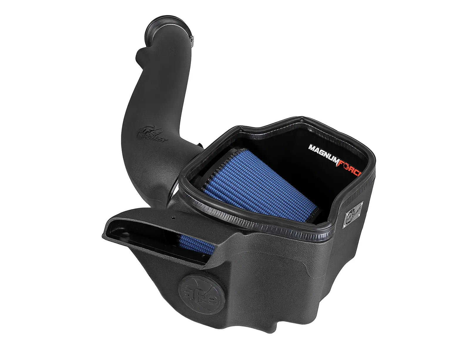 Open element aFe Magnum Force Stage 2 intake for V6 3.6 Durango and Grand Cherokee with blue filter on white background
