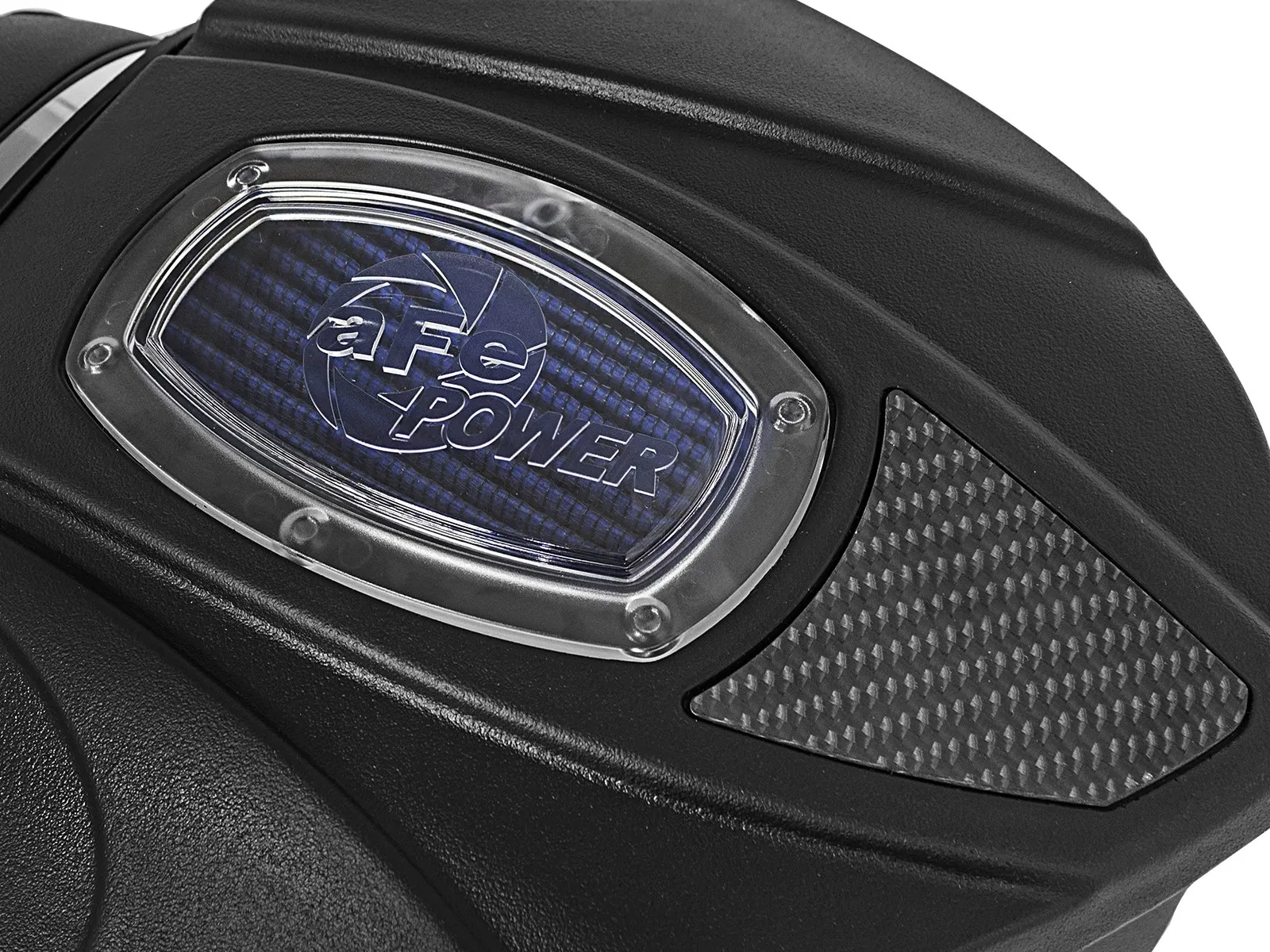 Closeup on aFe Momentum GT cold air intake window to blue filter with white background