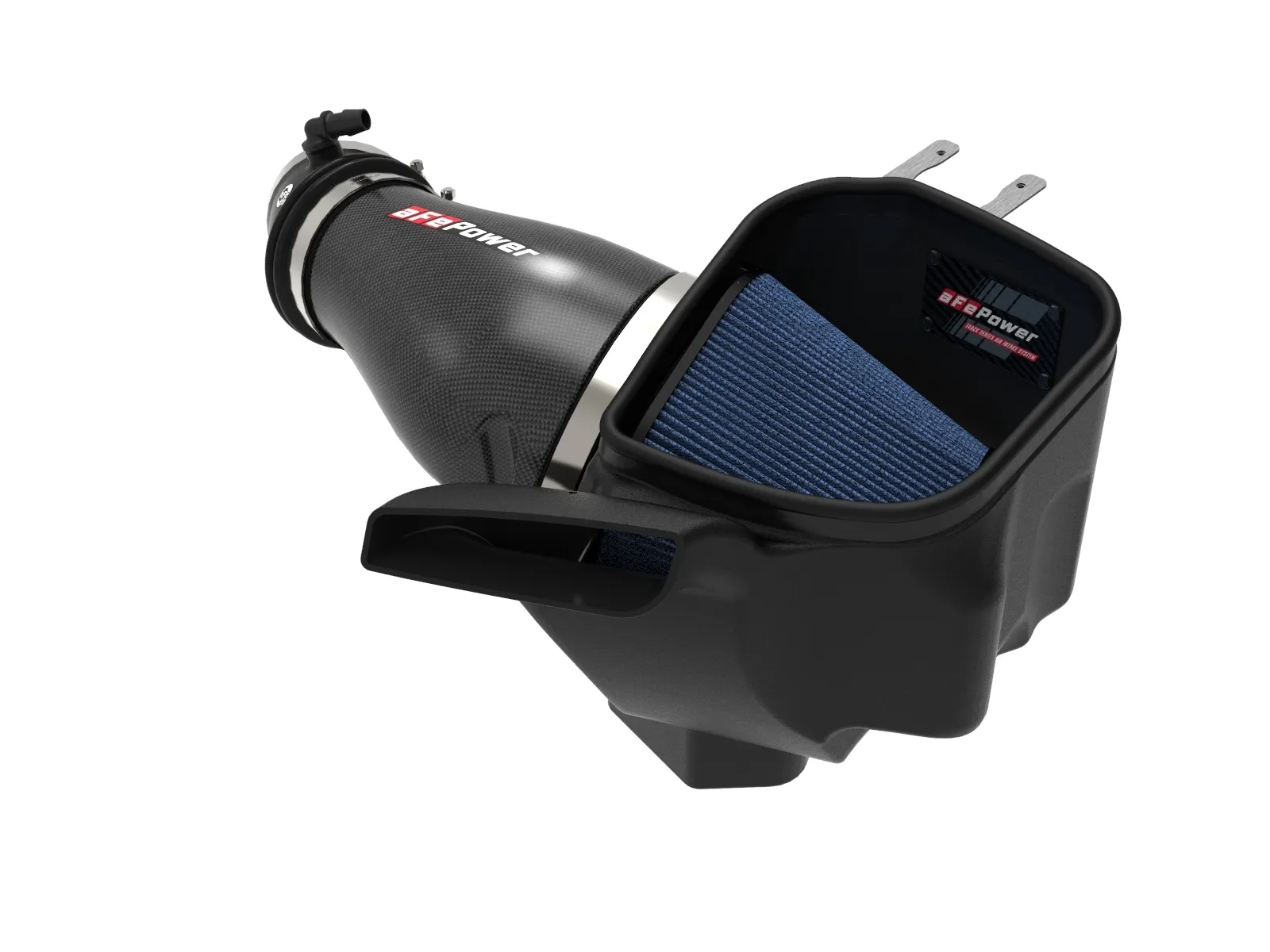 Open aftermarket afe intake for Dodge Durango SRT Hellcat with carbon fiber tube and big blue filter on white background
