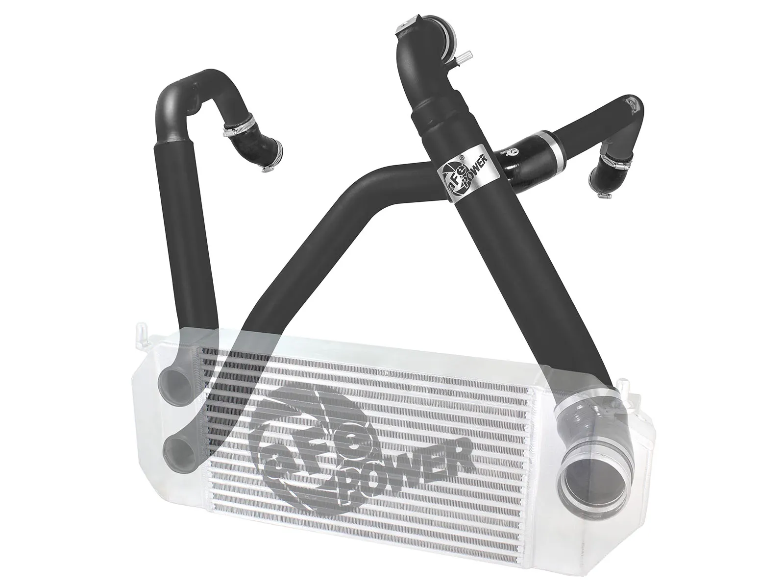 Aftermarket aFe Hot and Cold Side Intercooler tubes with aftermarket intercooler ghosted behind for 2015 and 2016 Ford F-150 EcoBoost on white background