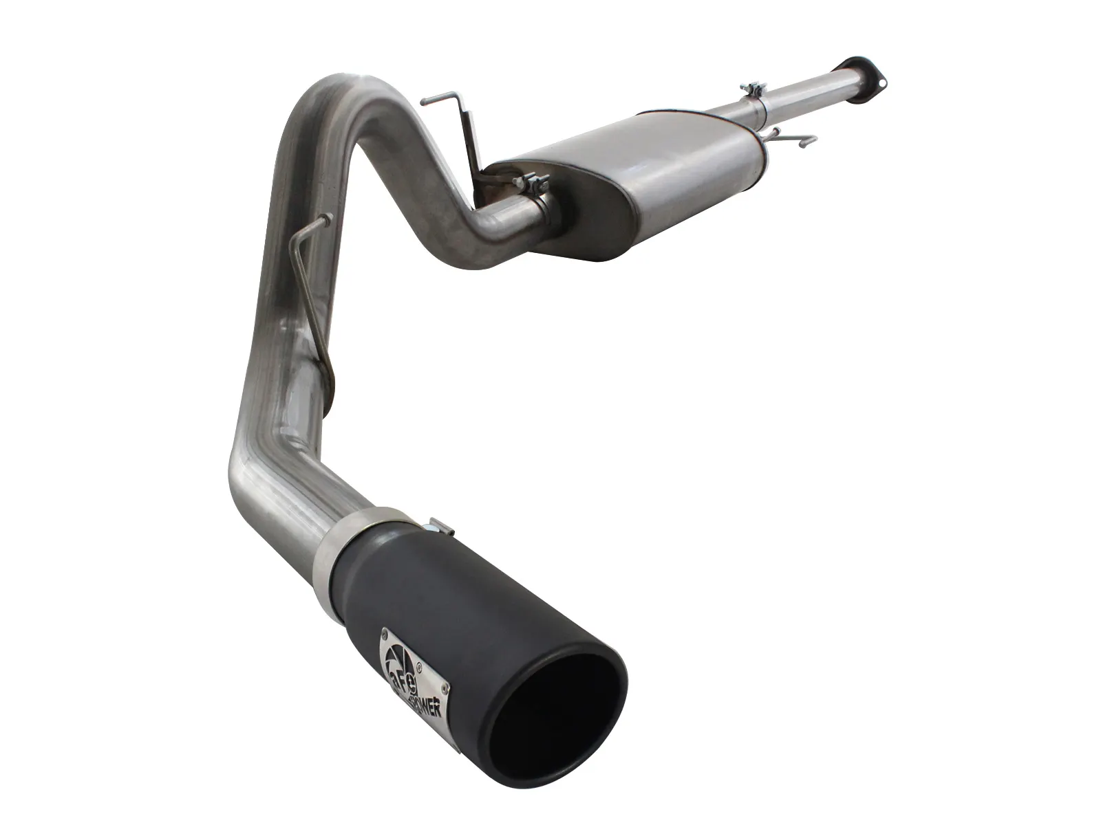 Single Exit Stainless Steel Cat-Back Exhaust with big muffler and exhaust tip for 2011–2014 F-150 EcoBoost on white background