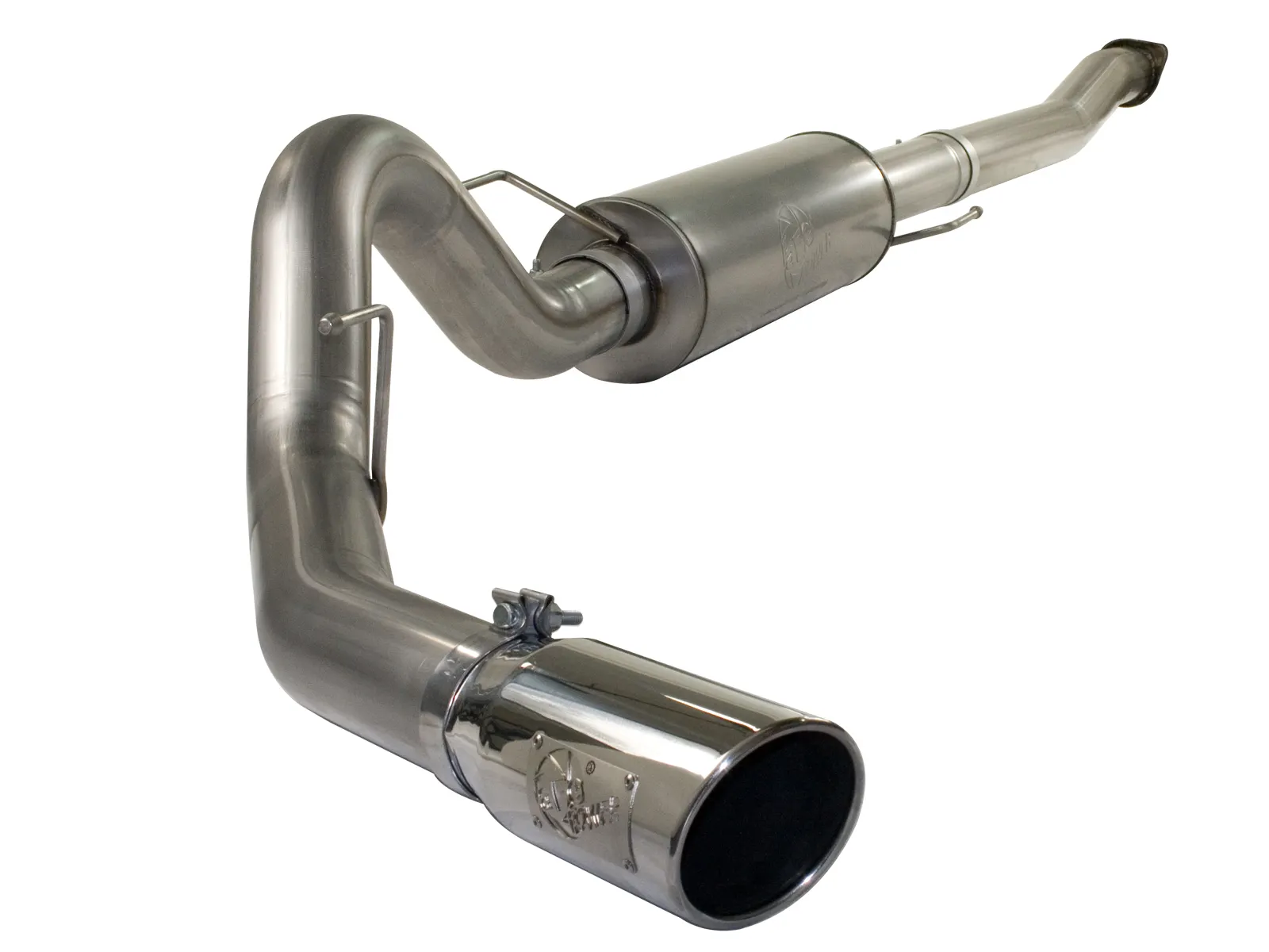 Single exit stainless steel cat-back exhaust with long round muffler and aFe exhaust tip for F-150 EcoBoost on white background