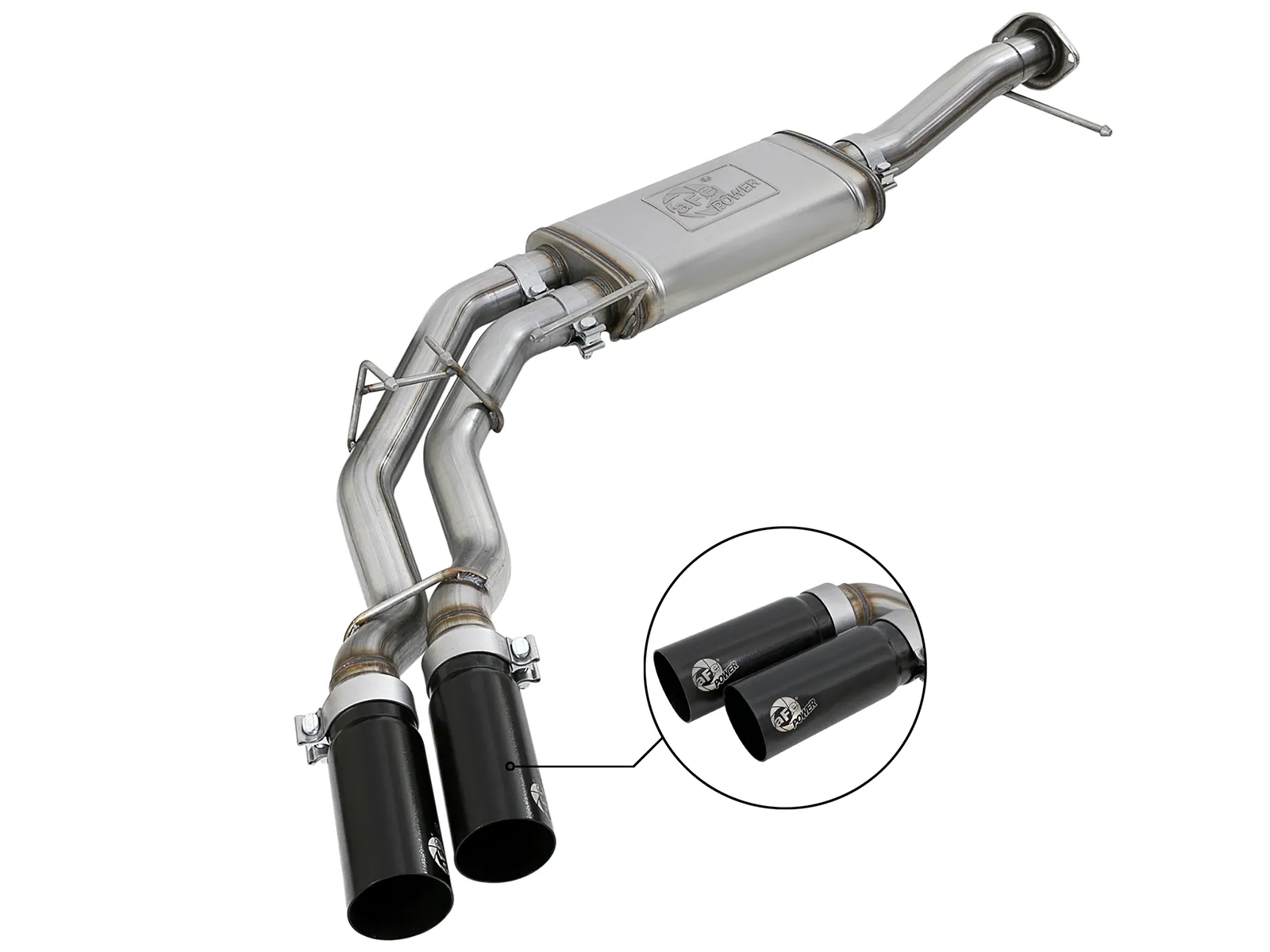 Side Exit Stainless Steel Cat-Back Exhaust with dual black tips for Ford F-150 3.5L EcoBoost on white background
