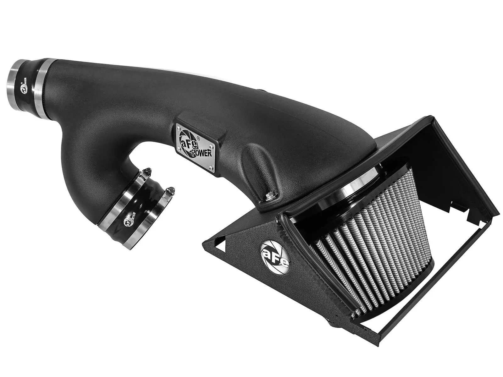 aFe Intake for 2015–2016 Ford F-150 3.5L EcoBoost with upper half of an airbox with grey filter exposed and big plastic tube on white background