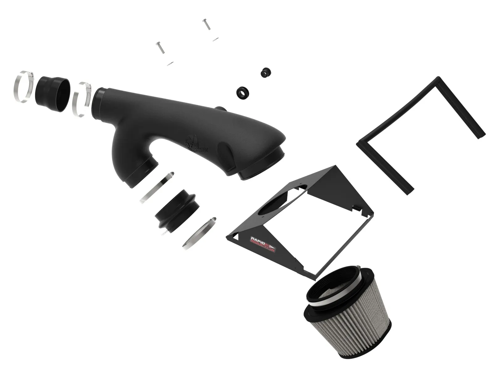 aFe Intake parts including big plastic tube, upper half of aftermarket steel airbox, gray filter, hardware and couplers on white background