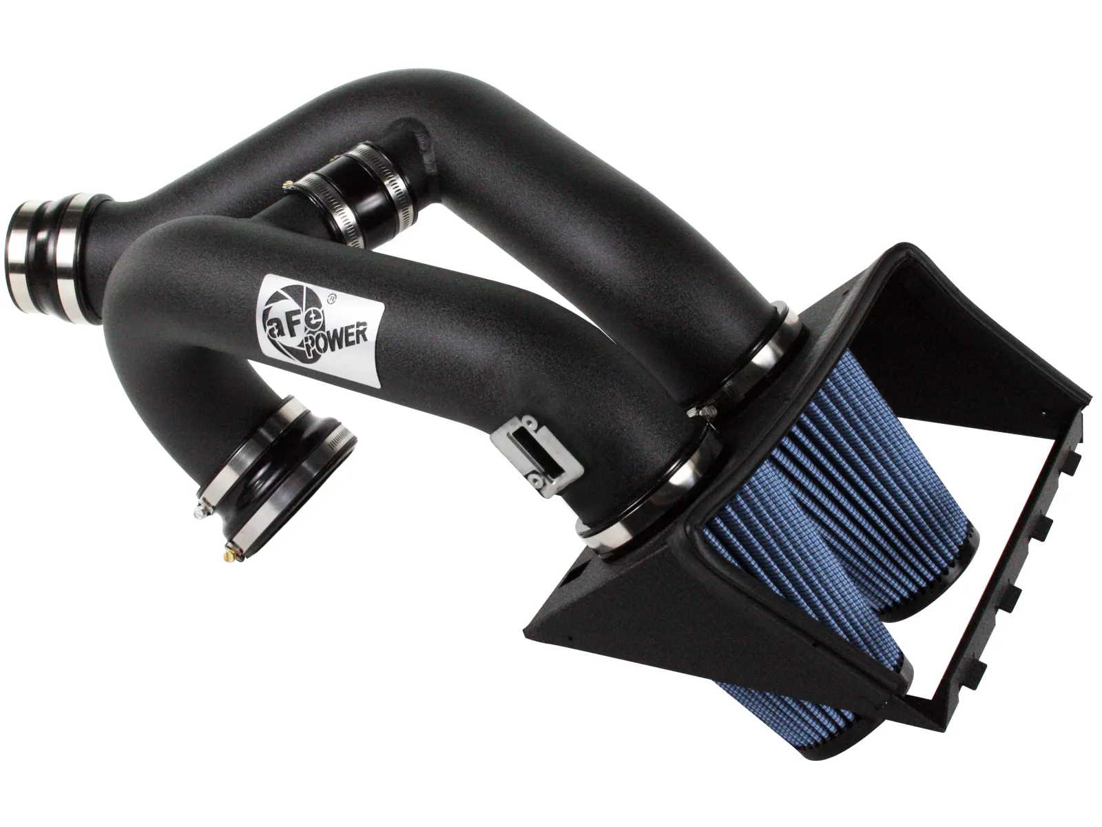 aFe Intake for 2011 F-150 Ecoboost with two blue filters, black heat shield, and two powder coated black tubes with H-pipe on white background