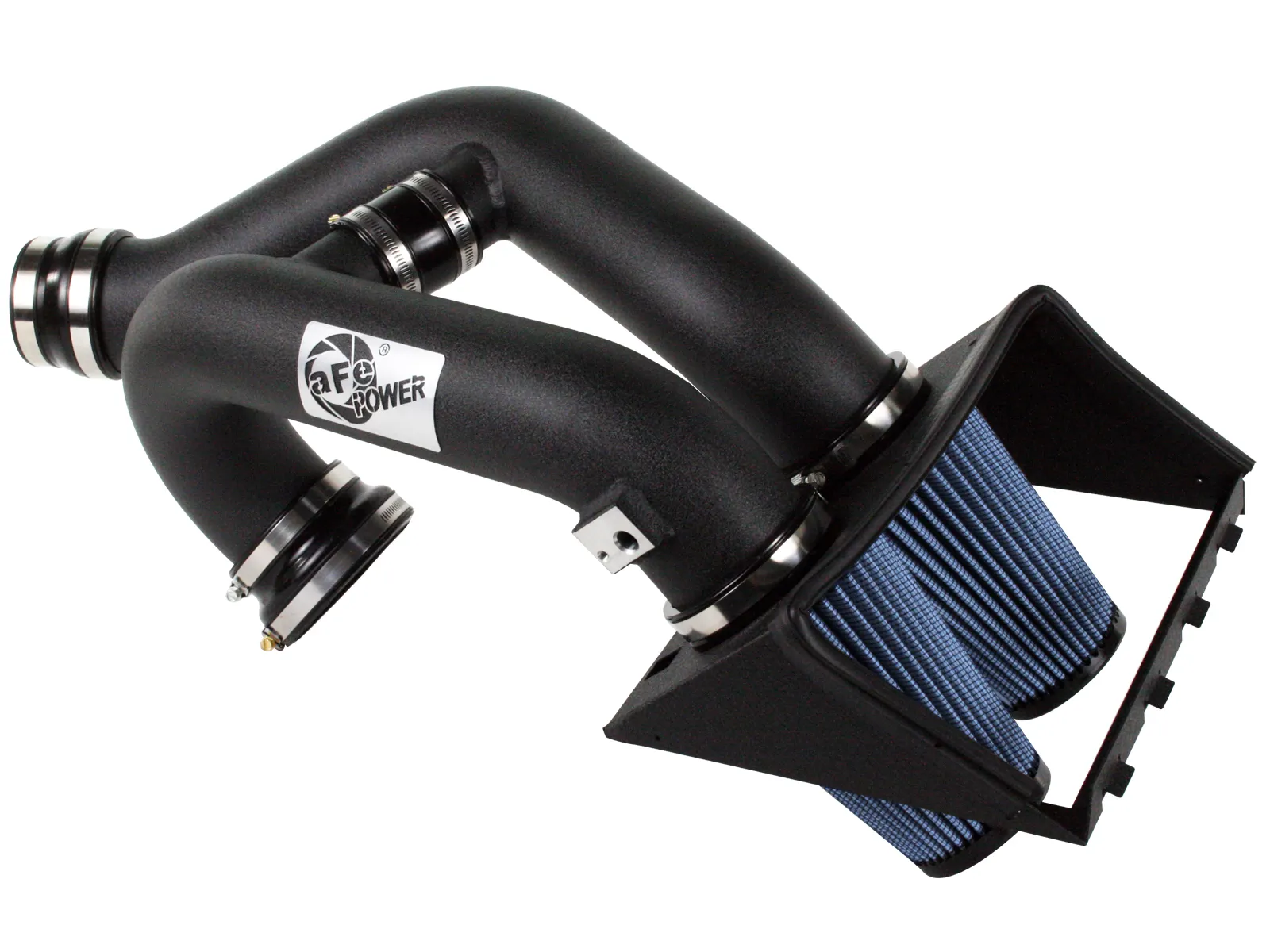 aFe Intake for 2012-2014 F-150 EcoBoost Intake with two blue filters and two black powder coated tubes with H-pipes on white background