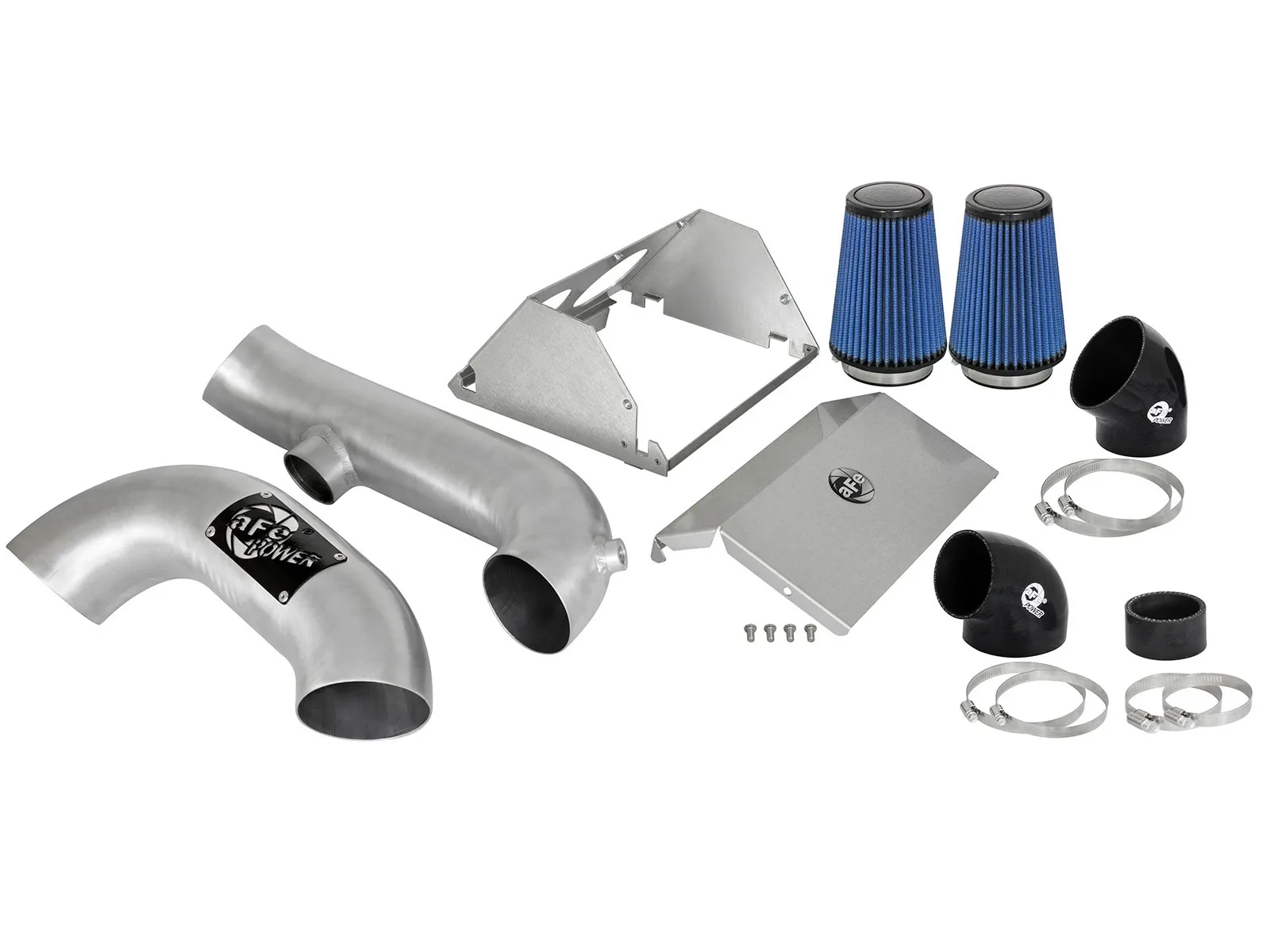 aFe Intake for Ford F-150 3.5L EcoBoost in the style of two Aluminum tube with two blue air filters and open metal heatshield for 