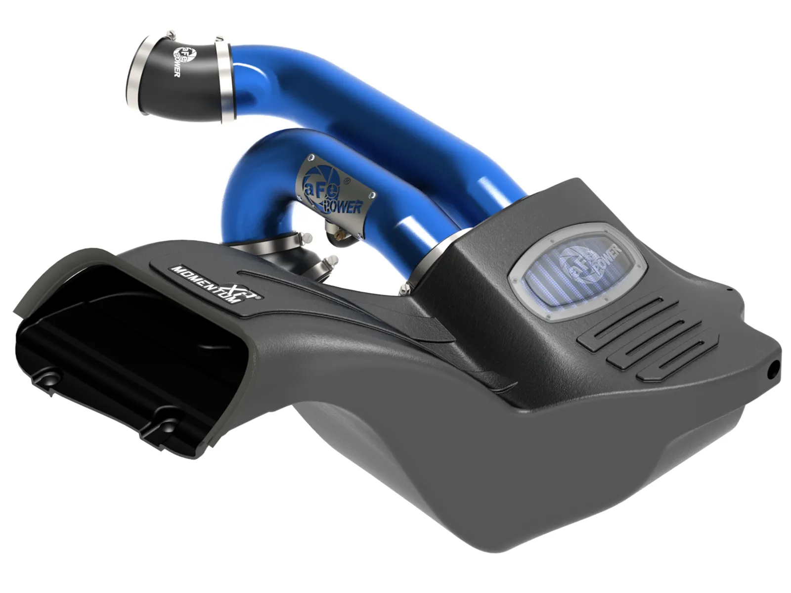 aFe Momentum Cold Air Intake for Ford F-150 EcoBoost with 2 blue aluminum tubes and airbox with window to blue filter on white background
