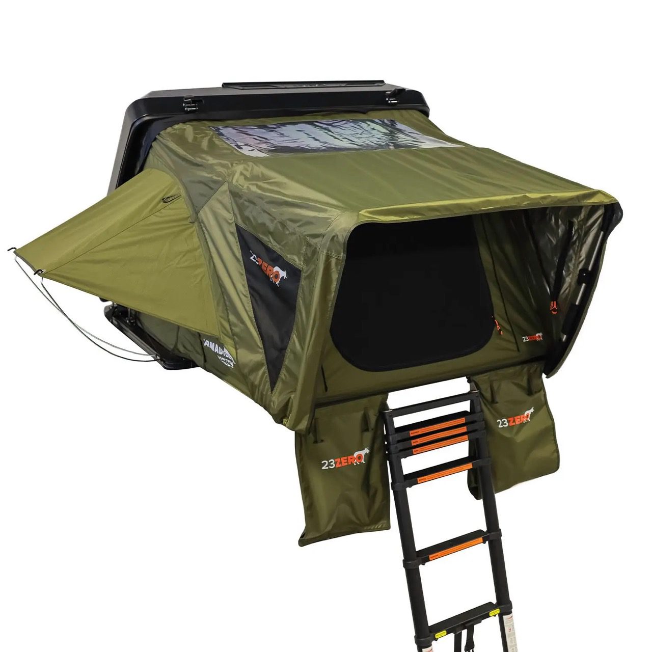 23ZERO_Armadillo_Horizon_2_hardshell_rooftop_tent_ram-1500-rho-truck Army Green 23Zero Rooftop Tent for Truck with ladder and left side open on white background