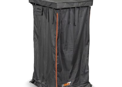 Black zip up camping shower tent that mounts on truck on white background