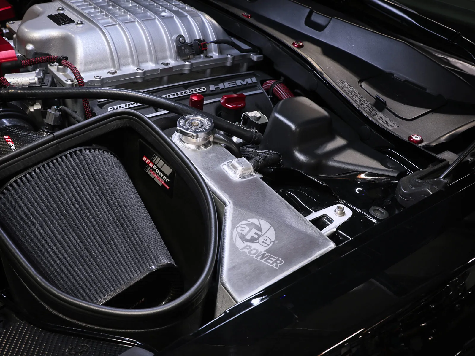 Dodge Challenger/Charger Hellcat engine bay with aFe POWER Aluminum Engine Coolant Tank and aFe Intake installed