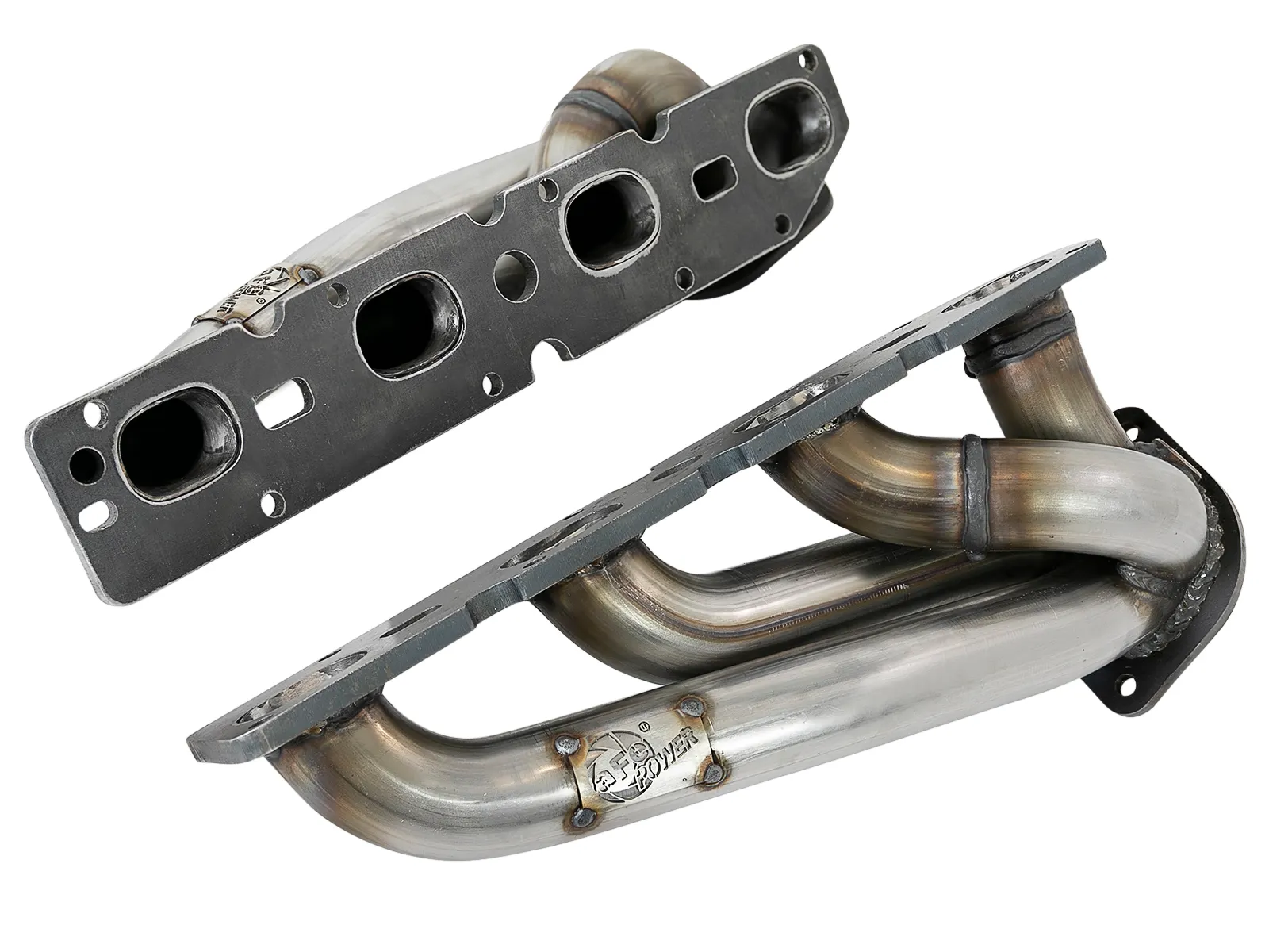 aFe Stainless Steel aftermarket shorty headers for Dodge Challenger R/T and Dodge Charger R/T on white background