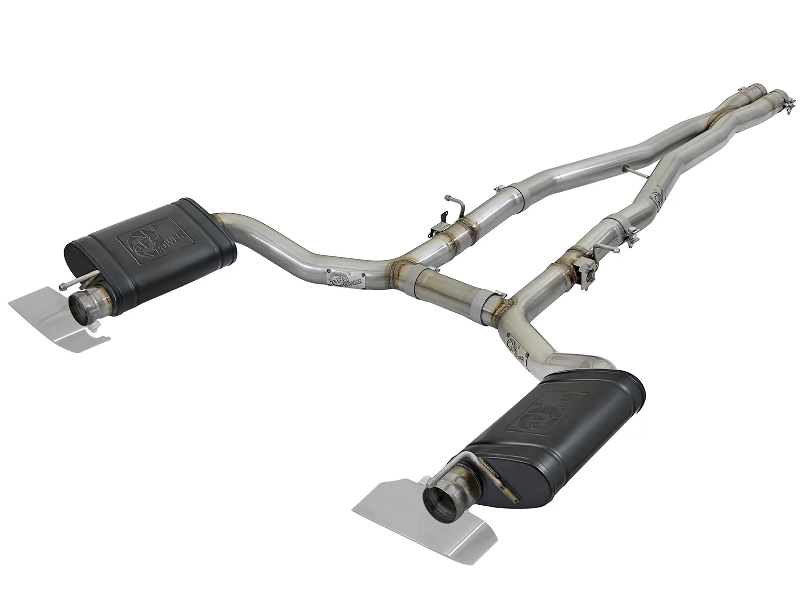 aFe stainless steel Cat-back exhaust with two black mufflers for Dodge Challenger R/T on white background