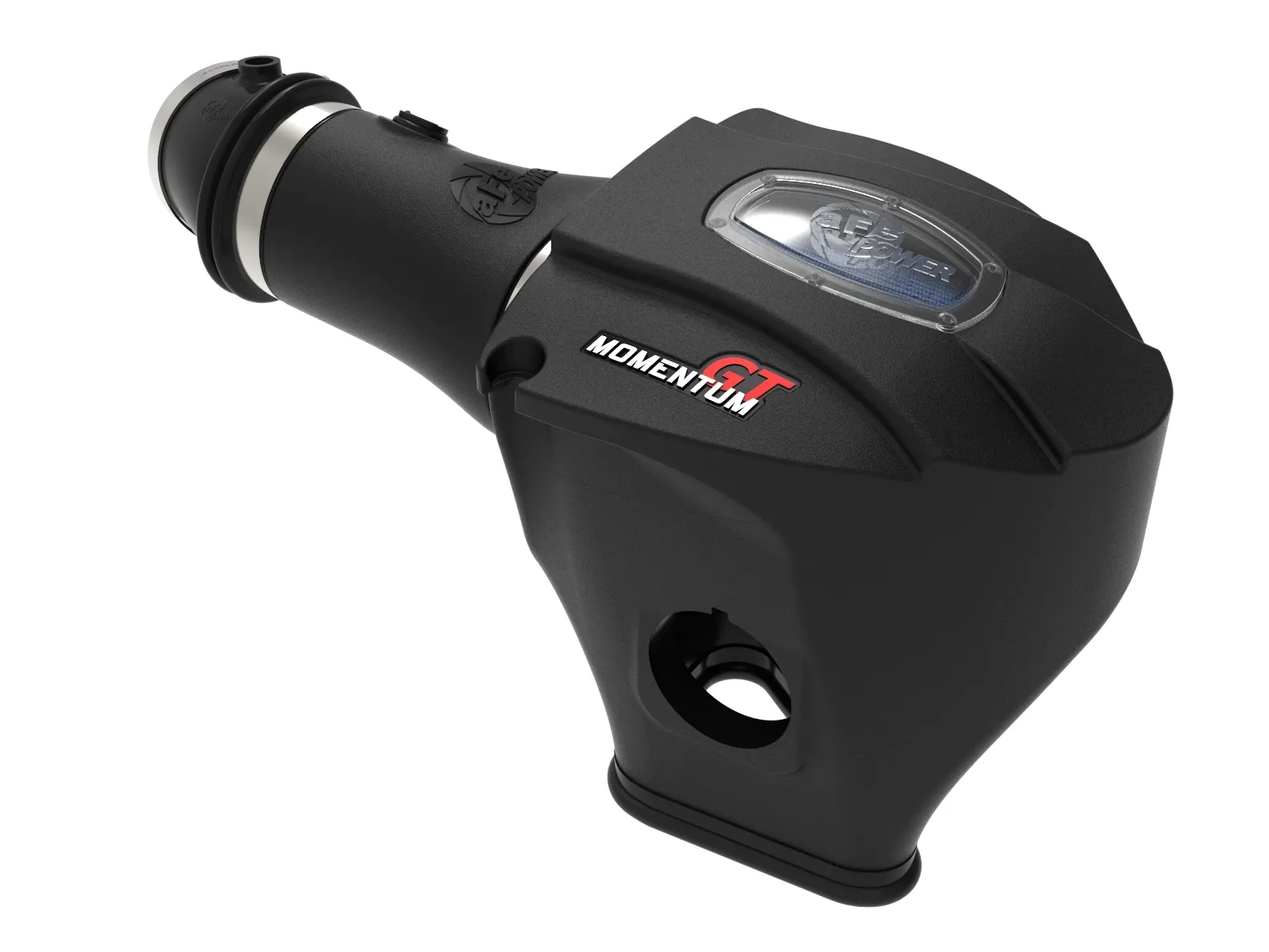 Momentum GT Closed Cold Air Intake with aFe logo and blue performance filter for Dodge Challenger/Charger Hellcat on white Background