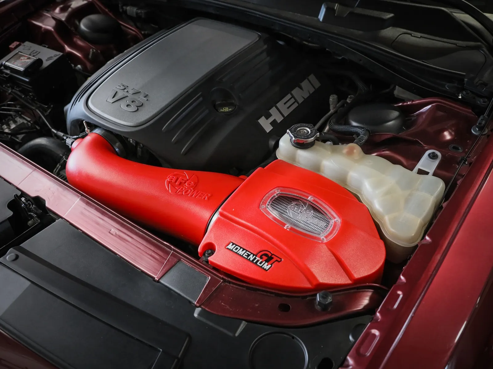 51-72202-r-red-afe-cold-air-intake-v8-5.7l-hemi-dodge-challenger-charger-rt Red aFe Momentum GT Cold Air Intake installed on V8 5.7L HEMI Dodge Challenger R/T