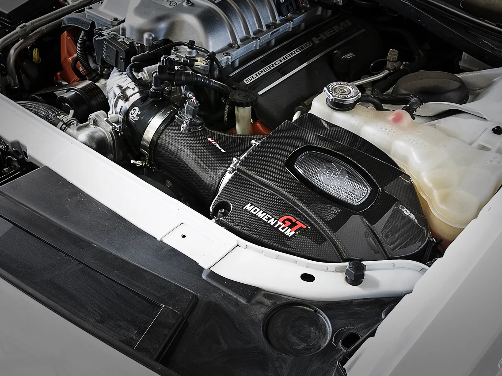 52-72204_carbon-fiber-afe-intake aFe Carbon Fiber Cold Air Intake installed on Dodge SRT Hellcat