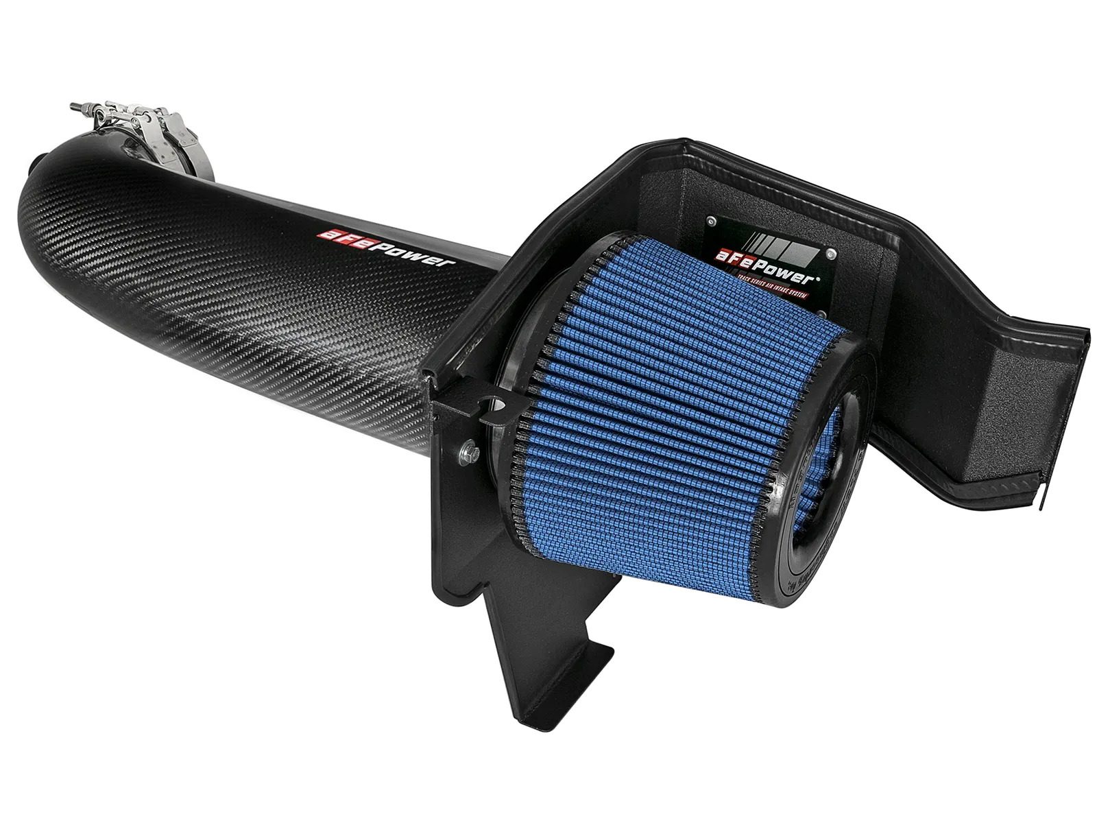 aFe Open-style intake with big exposed blue air filter, black aluminum heat shield, and Carbon fiber tube for Dodge Challenger and Charger R/T 5.7L