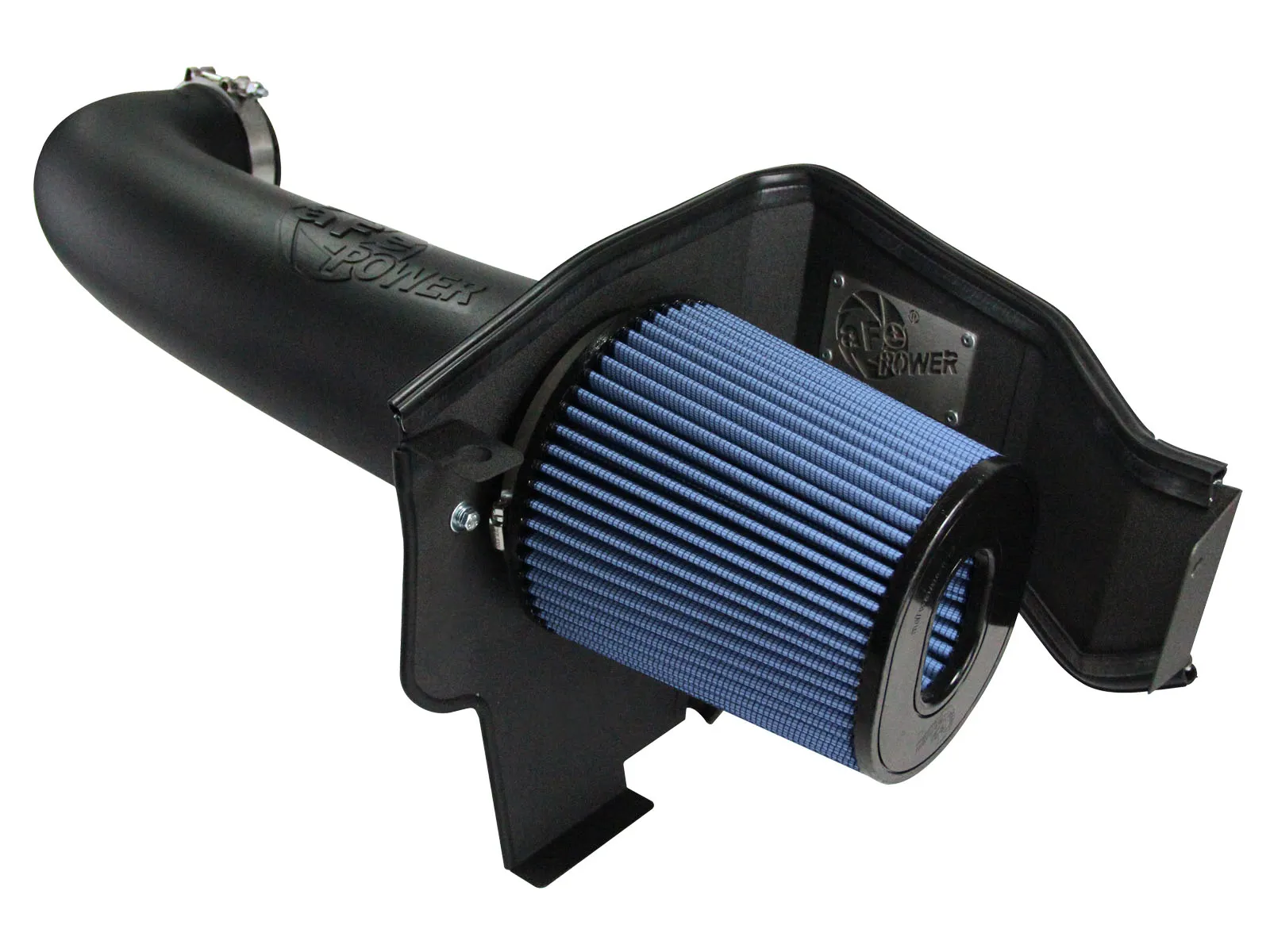 Open style intake for the Dodge Challenger/Charger 5.7L R/T with blue air filter, black aluminum heat shield, and black tube on white background