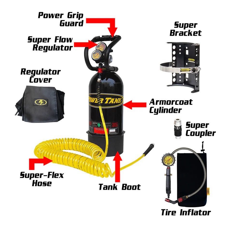 10-lb-co2-power-tank-offroading 10 Lb CO2 Power Tank with bracket, hose, tire inflator, and regulator on white background