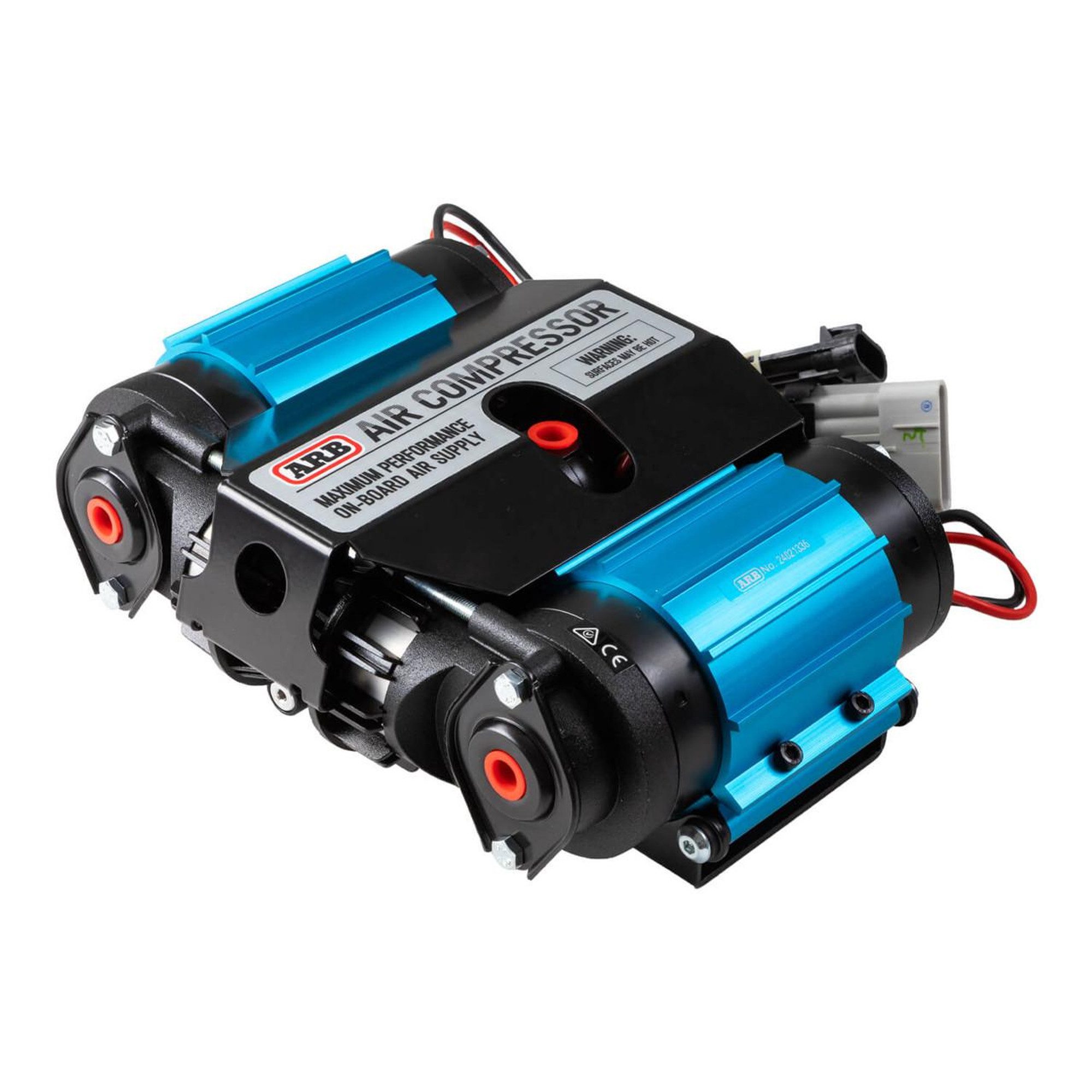arb-twin-motor-onboard-12v-air-compressor-ckmta12__52931 Arb Air Compressor with blue canisters on white background