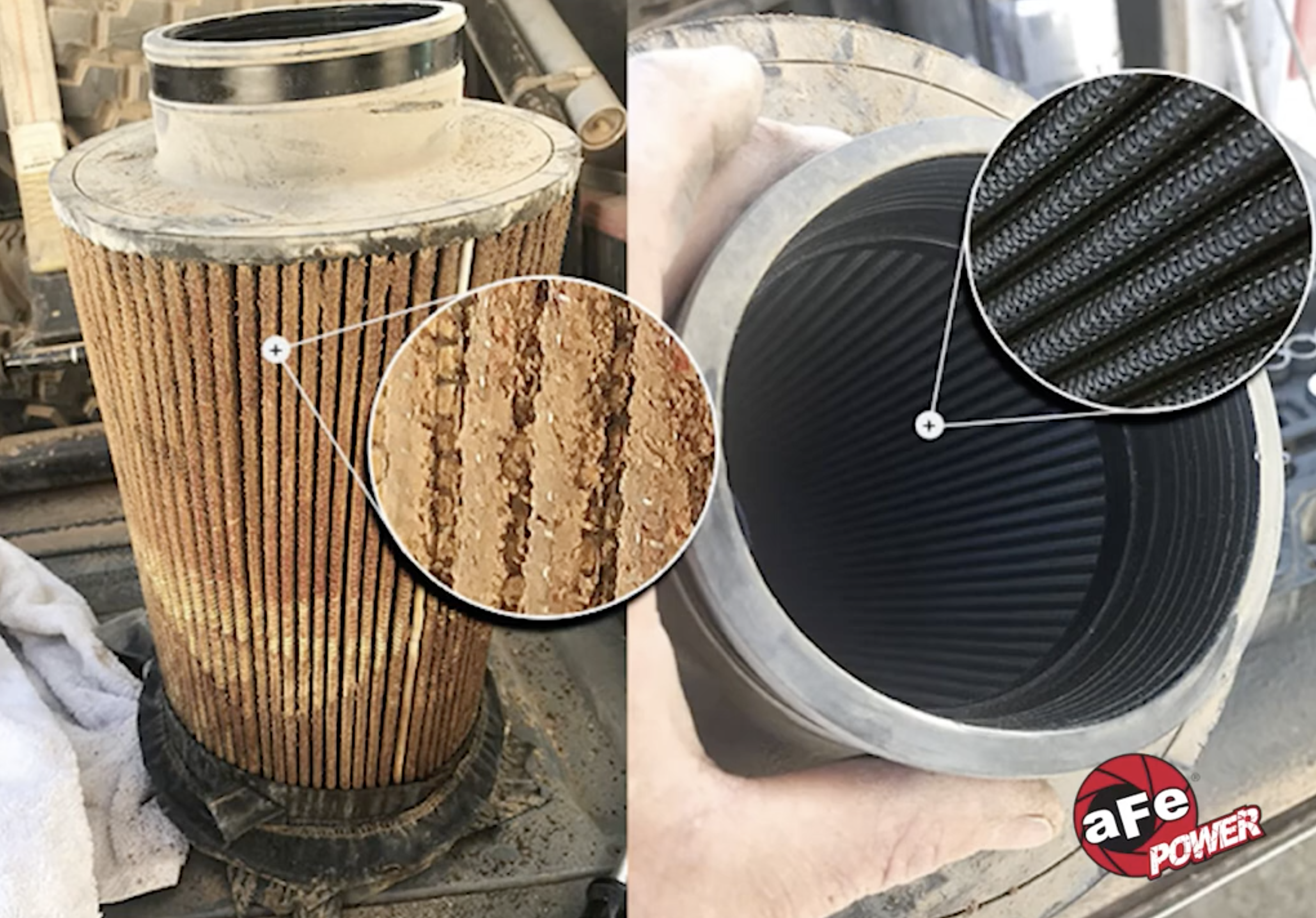 Outside of aFe Pro Guard 7 air filter caked with dust and dirt side-by-side showing the inside of the filter clean